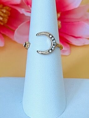 Gold plated crescent moon ring adjustable size tiny clear stones